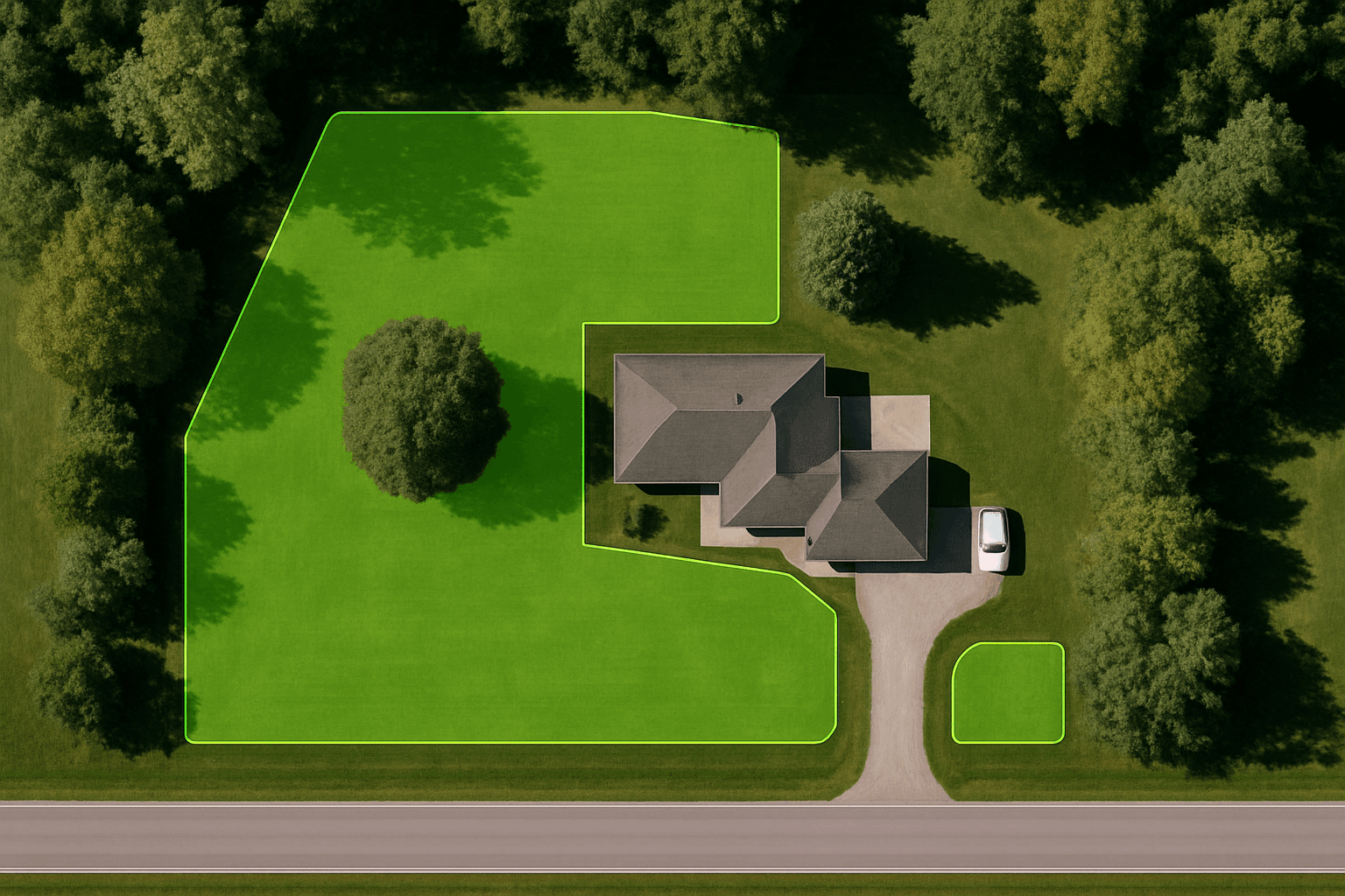 Sample aerial property map with mowing zones outlined